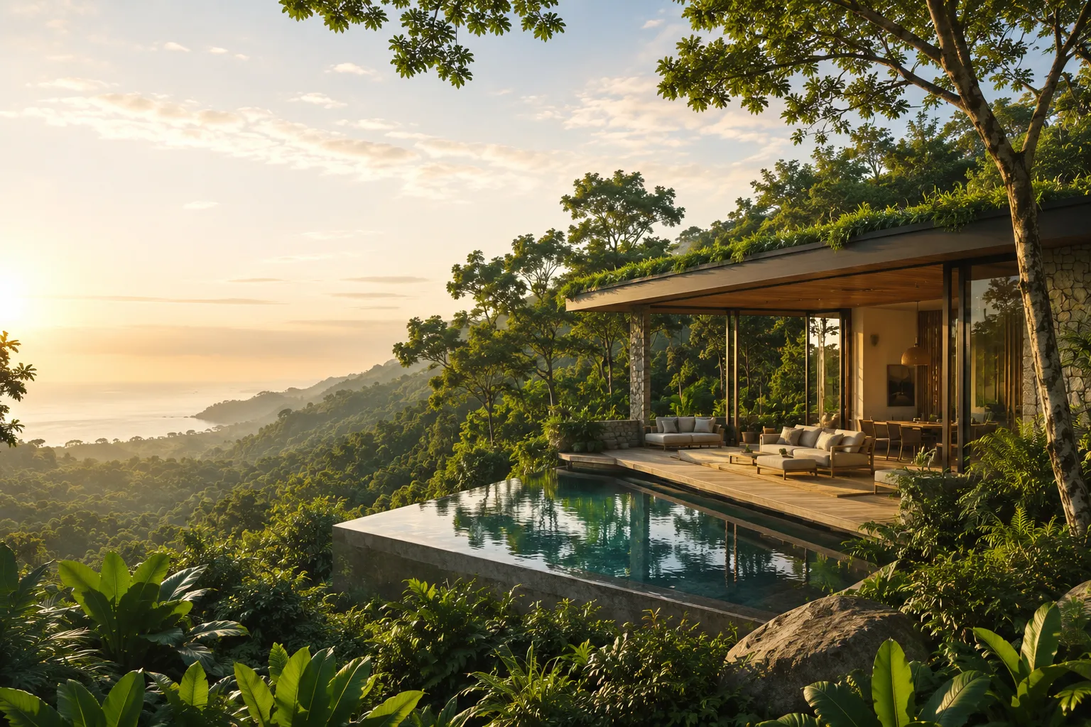A villa with an infinity pool overlooking forested Western Ghats hills at sunrise