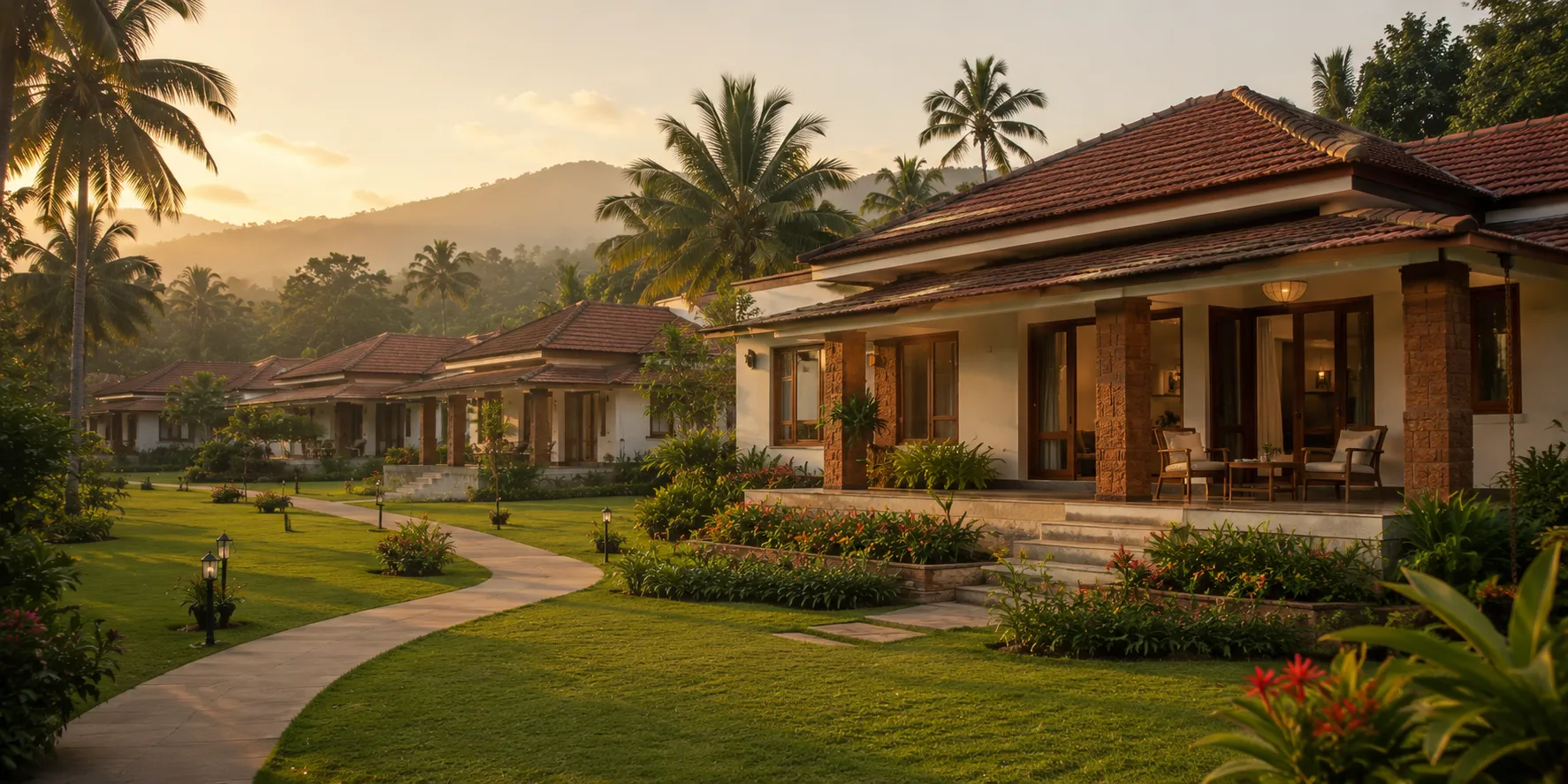 A row of garden villas in the senior living community at dusk, with lit walkways and the hills beyond