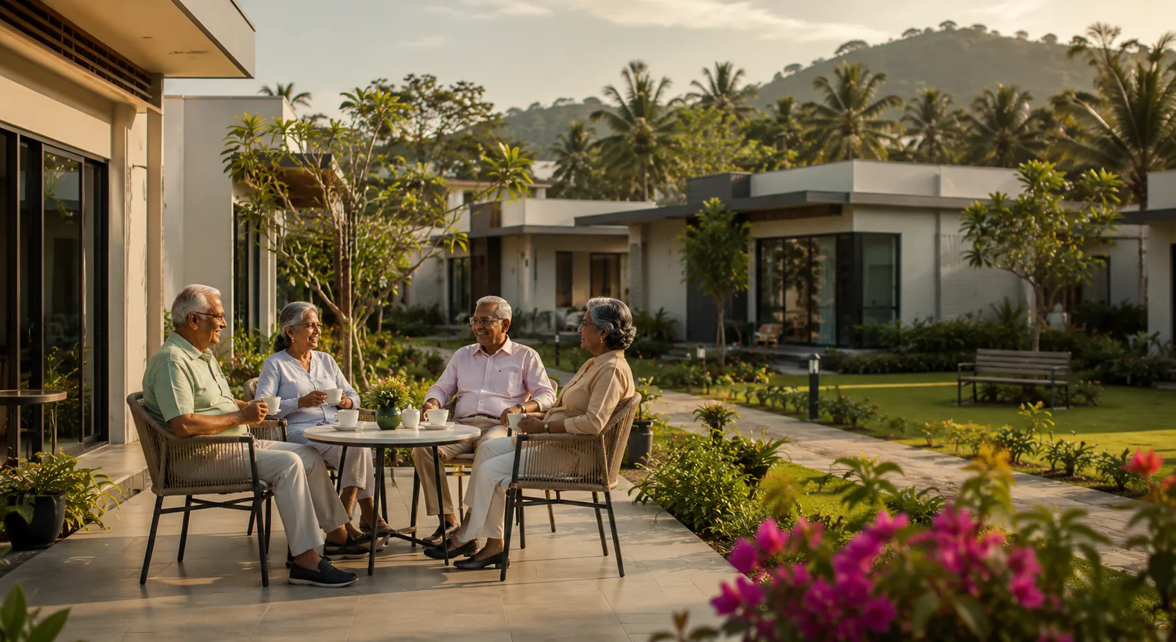 Four residents chatting over coffee on a sunlit patio, modern garden villas and palms behind